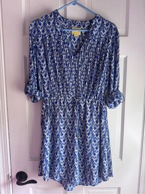 Maeve Blue White Geometric Smocked Tie Waist Dress Medium